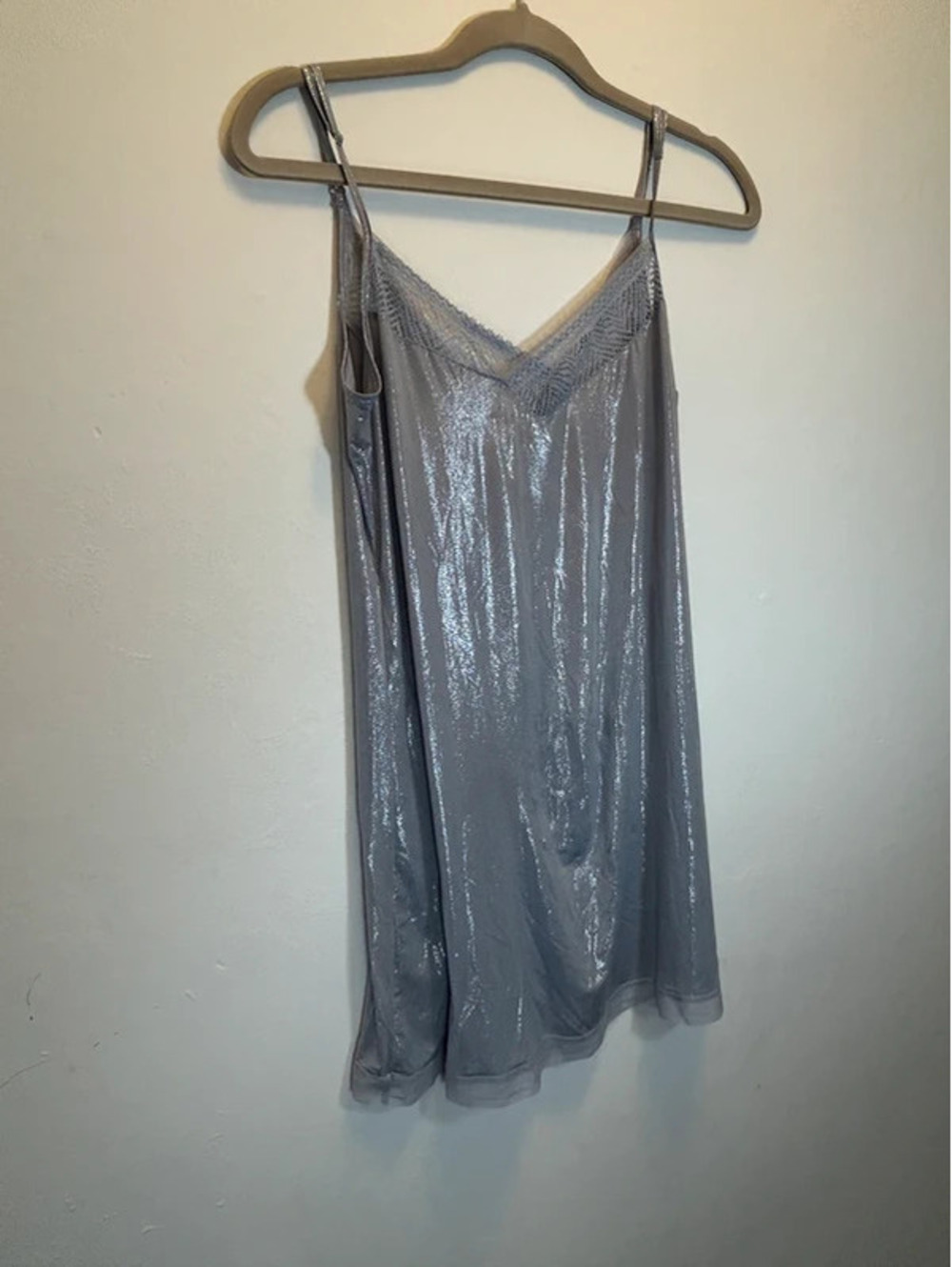 Y2K Silver Sparkly Lace Trim Babydoll Slip Mini Dress
